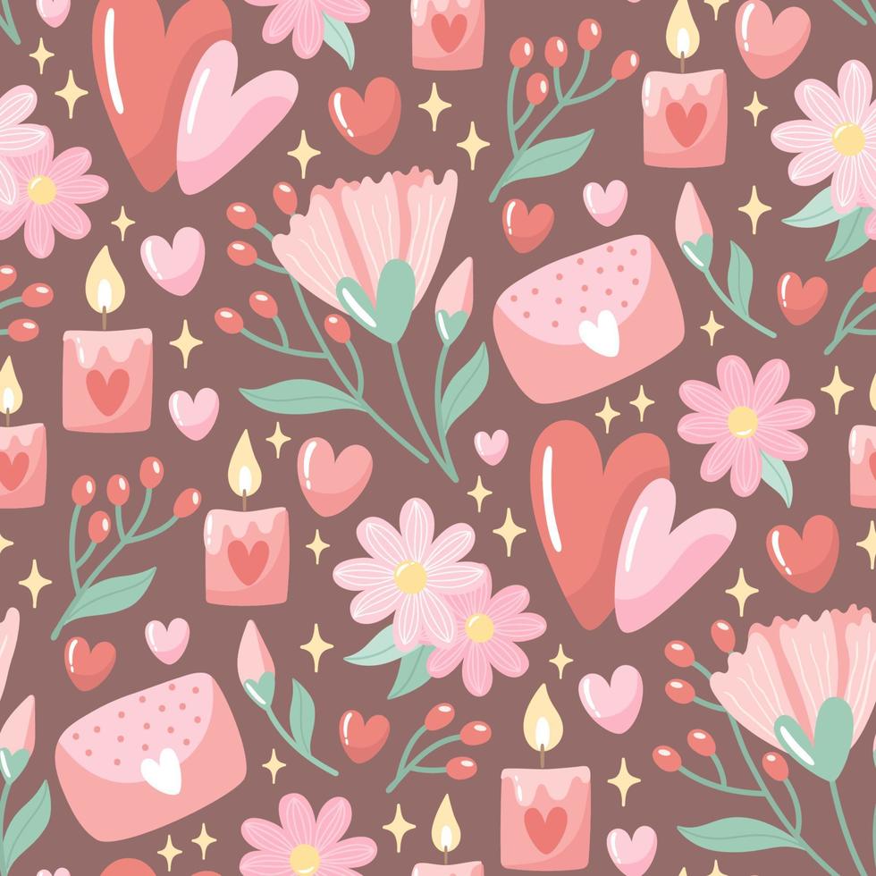 Hand-drawn seamless pattern with flowers and hearts. Creative stylish background for Valentine Day. Colourful floral illustration for paper and gift wrap. Fabric print modern design. vector