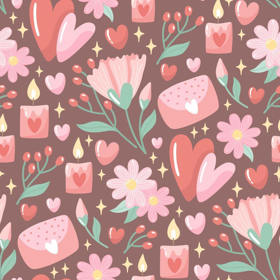 patrón transparente dibujado a mano con flores y corazones. fondo creativo y elegante para el día de san valentín. colorida ilustración floral para papel y papel de regalo. estampado de tela de diseño moderno. vector