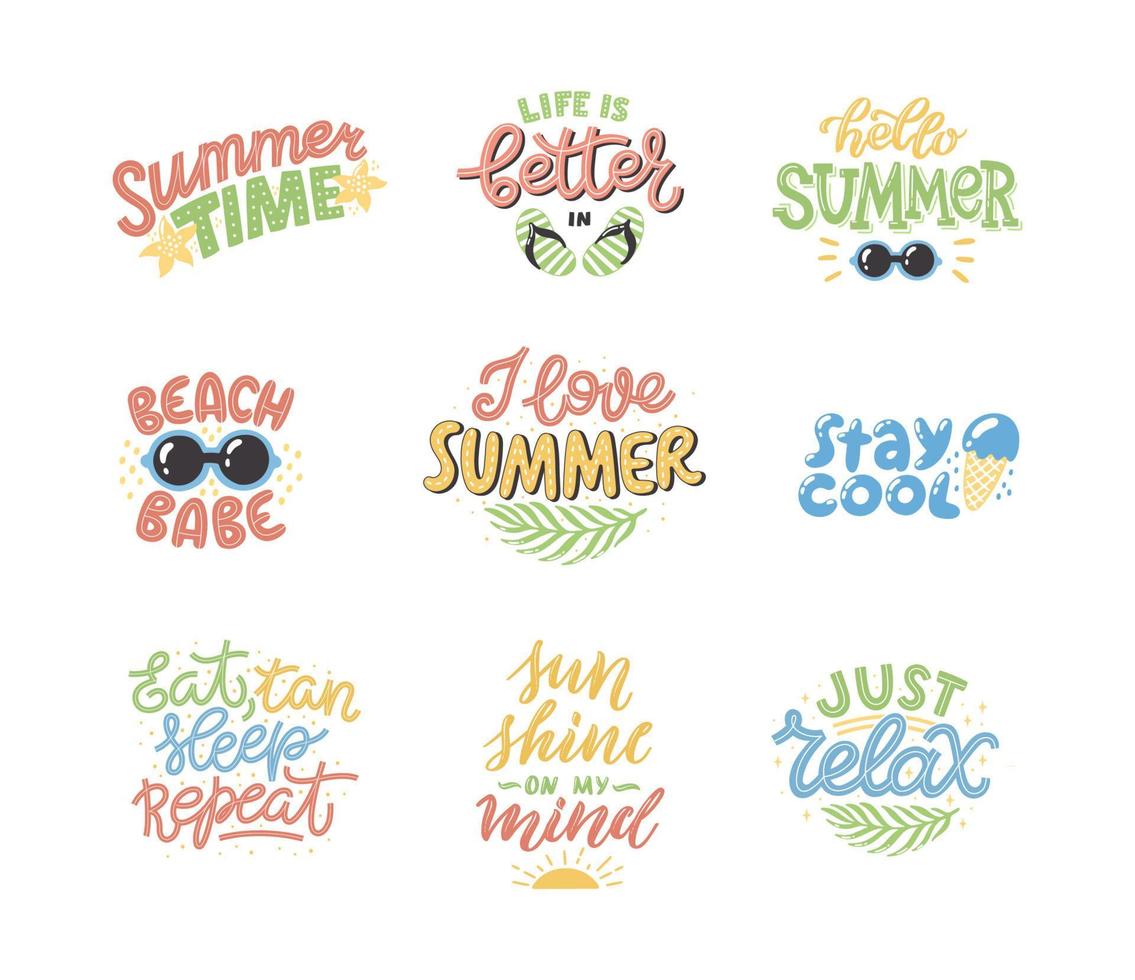 Colourful summer lettering set in modern style. Hand-drawn holiday decorations. Isolated vector illustration designs with summer elements. Vector typography collection.