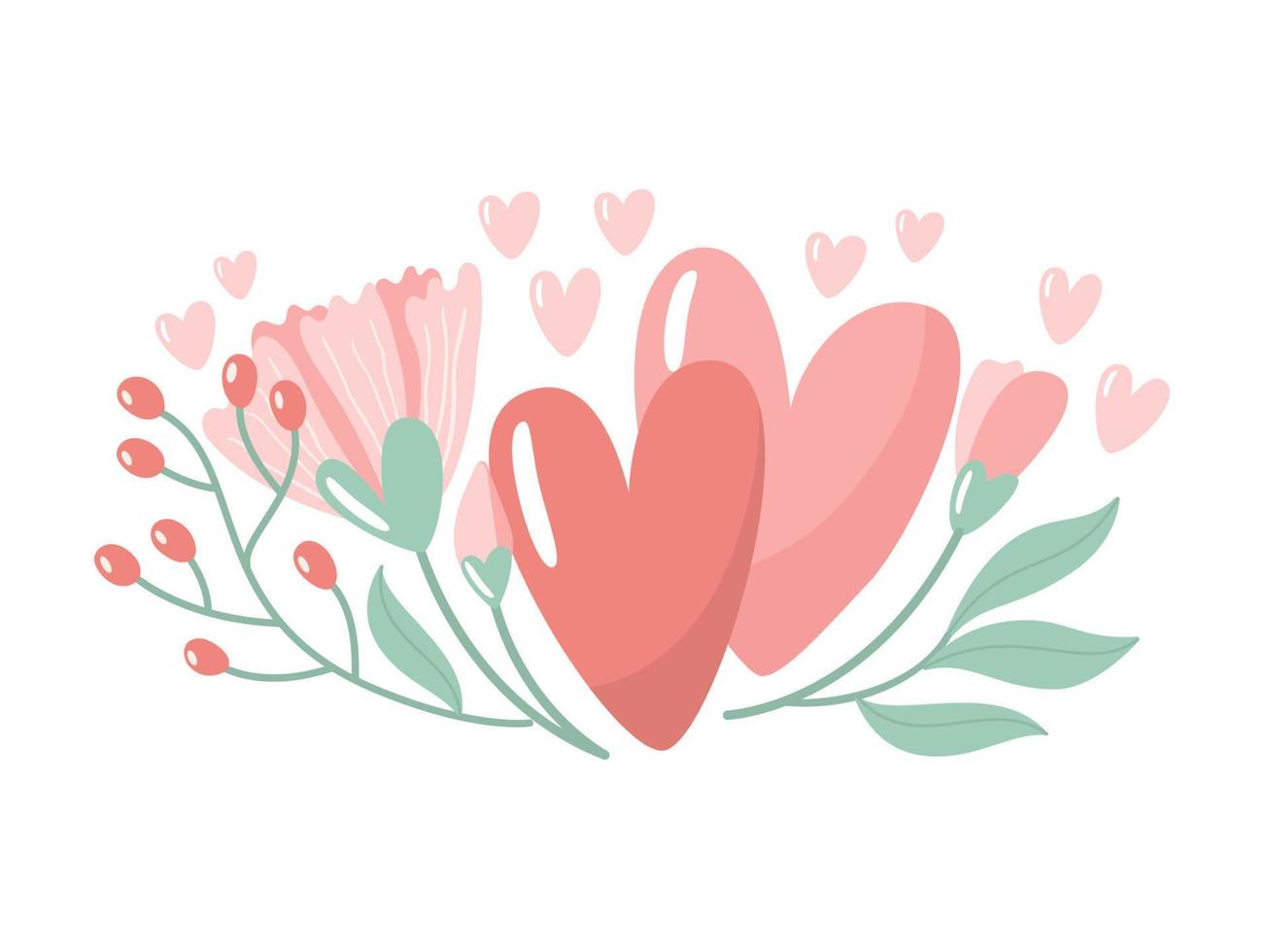 Vector illustration for Valentine day. Two hearts with flowers on white background. Creative greeting card with hand-drawn decorative elements. Elegant feminine design.