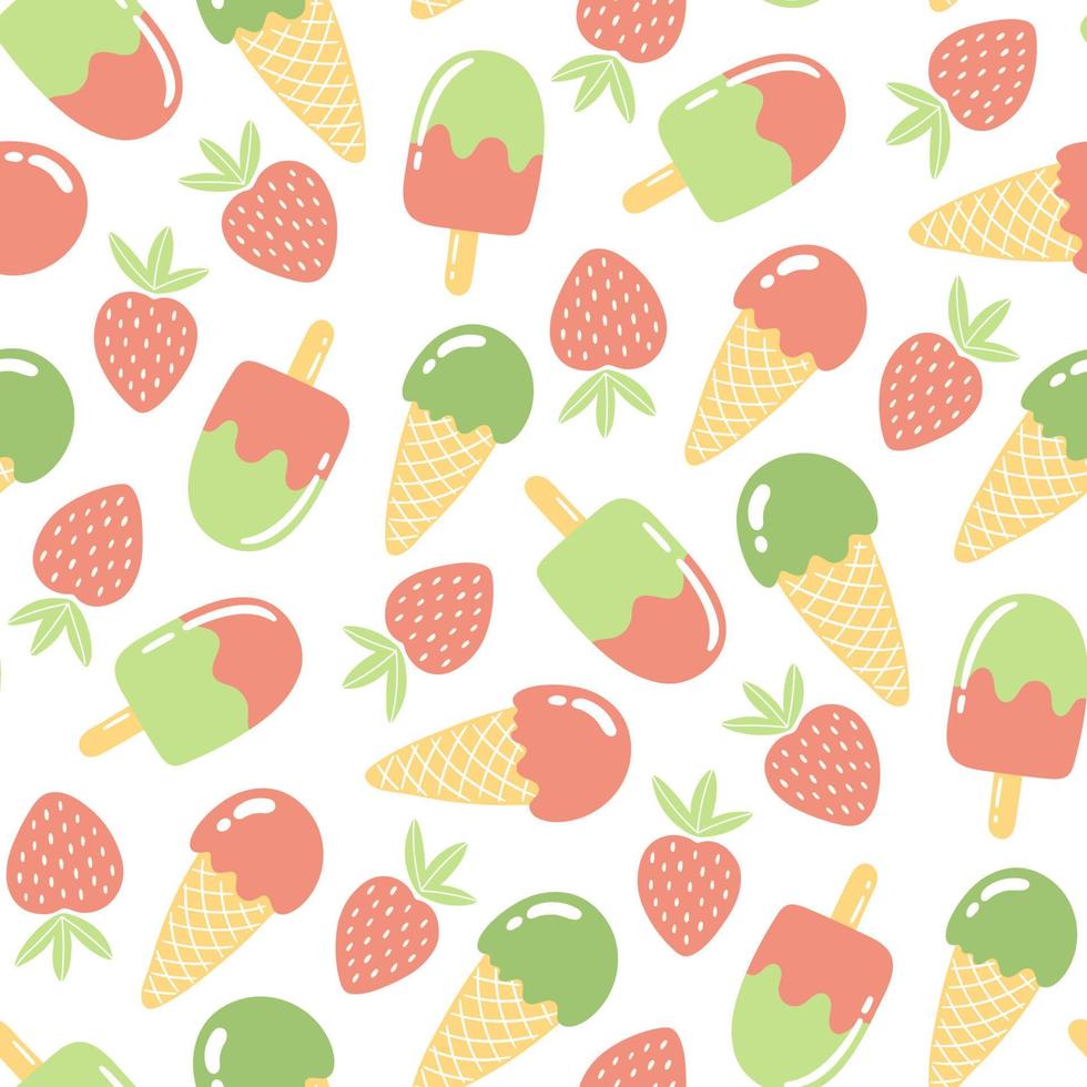 Seamless pattern with strawberries and ice cream. Summer background in bright colors. Hand-drawn trendy vector illustration for textile design.