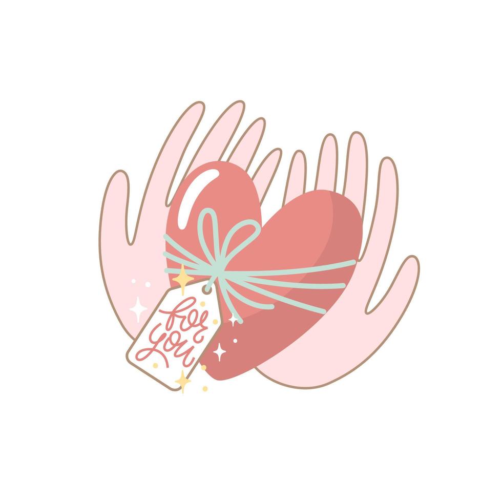 Vector illustration for Valentine day. A heart in hands on white background. Creative greeting card with hand-drawn decorative elements.  Elegant feminine design.