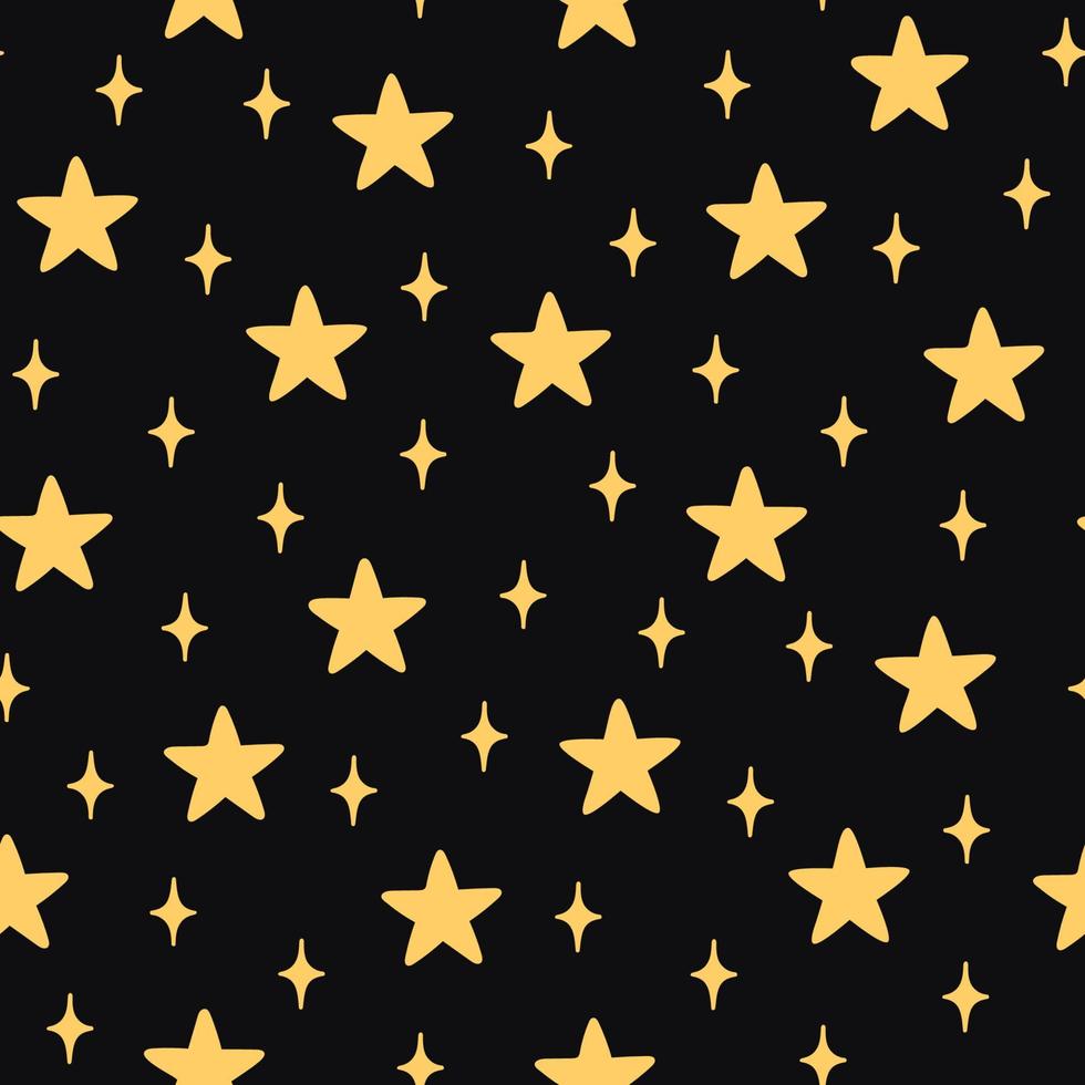 Vector seamless pattern with hand-drawn stars on black background. Night sky art texture. Modern illustration print. Simple doodle for any surface design.
