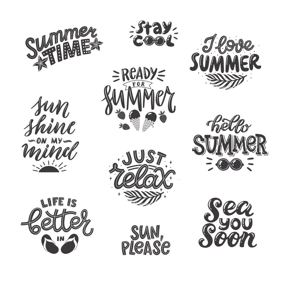 Black and white summer lettering set in modern style. Hand-drawn holiday decorations. Isolated vector illustration designs with summer elements. Vector typography collection.