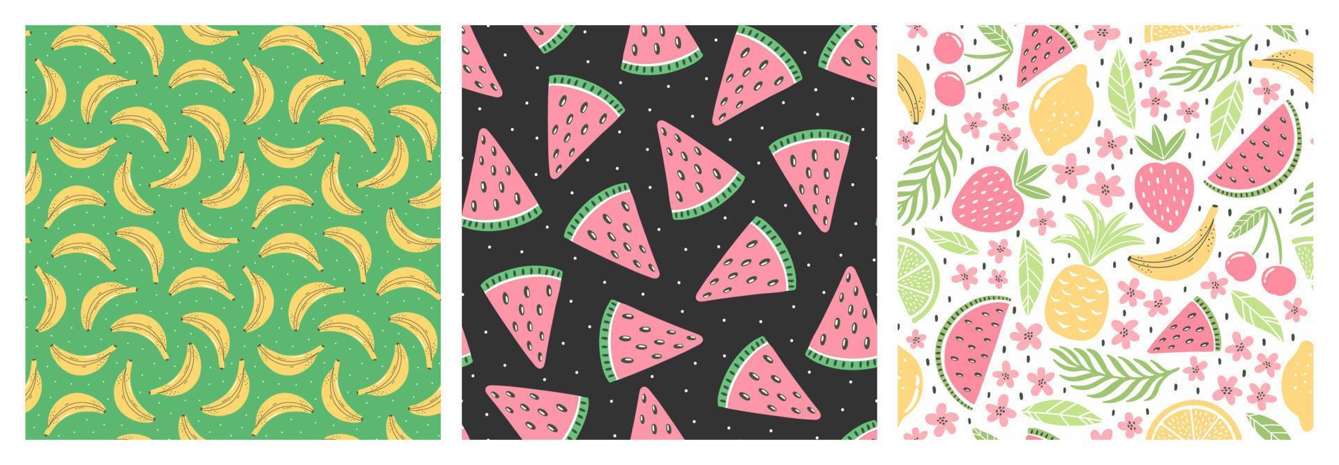 Set of seamless patterns with colorful fruits for textile design. Summer background in bright colors. Hand-drawn trendy vector illustrations.
