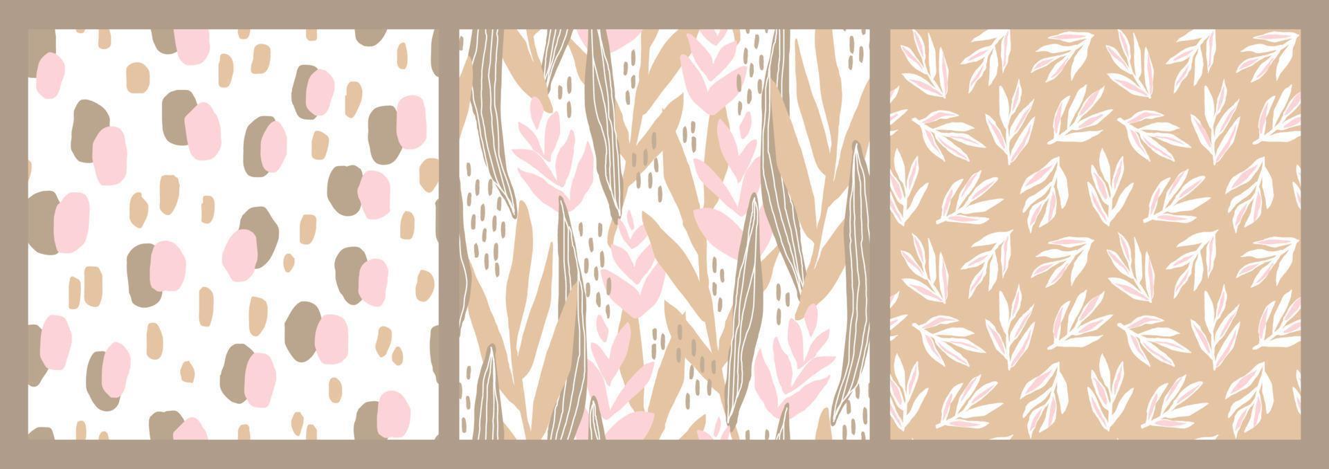 Set of artistic seamless patterns with abstract plants and shapes. Colorful floral illustration for paper and gift wrap. Fabric print modern design. Creative stylish background. vector