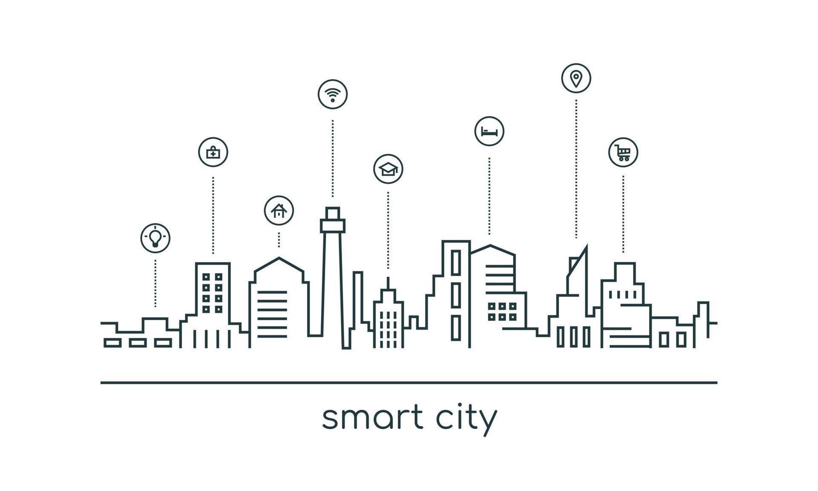 concepto de línea de ciudad inteligente. iconos de servicios inteligentes. red de comunicación inalámbrica. ilustración vectorial vector