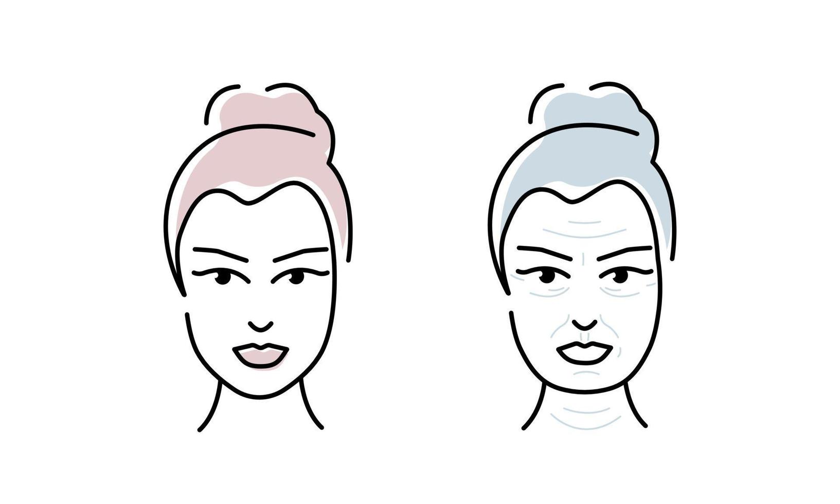 Face before and after aging. Young lady and old woman with wrinkles. Facelift effect. Outline symbols. Flat Vector illustration on a white background.