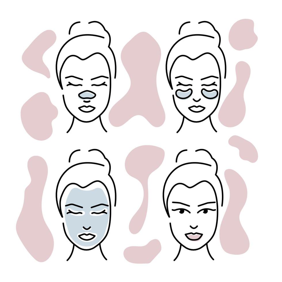 iconos de línea de cosmetología. chica cuida su cara. Procedimiento de tratamiento de puntos negros con parche de puntos negros. mujer haciendo tratamiento contra las ojeras. utilizando parches oculares de máscara antienvejecimiento. vector