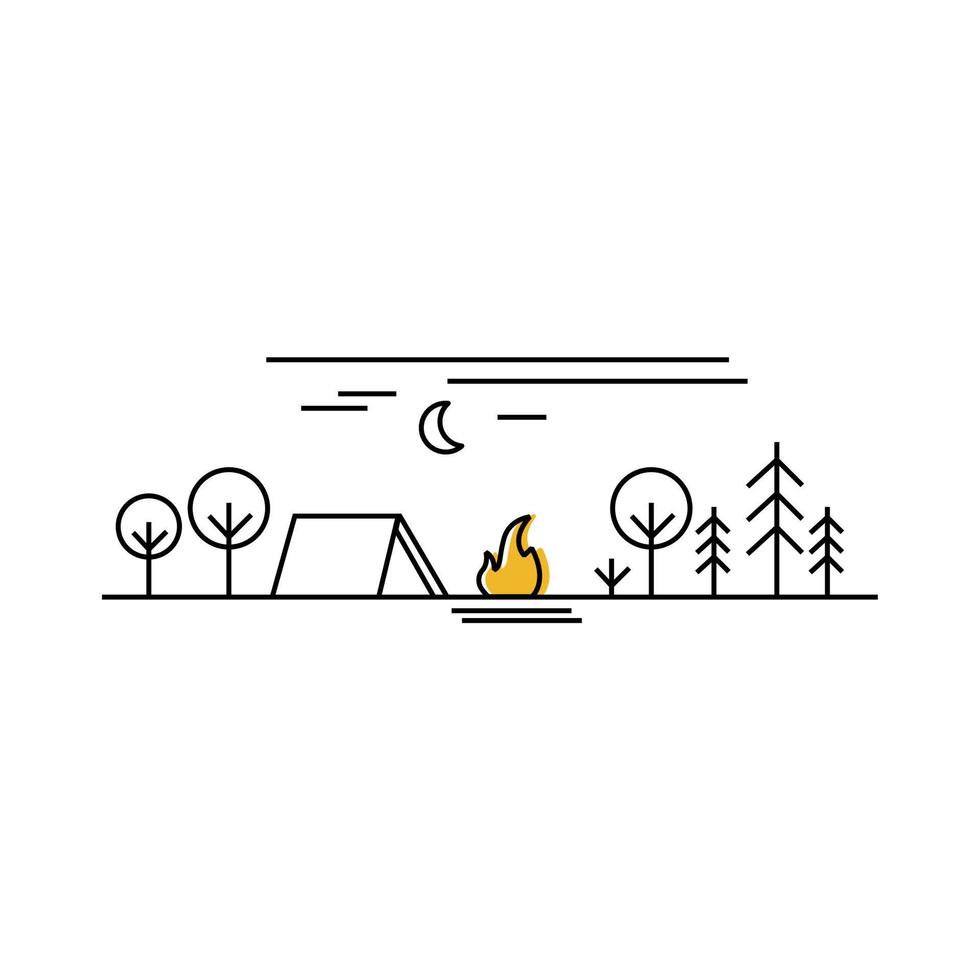 Camping at night by bonfire line icon concept. Activity Tracking Hiking Vacation outdoor. Simple shape. Vector illustration on white background