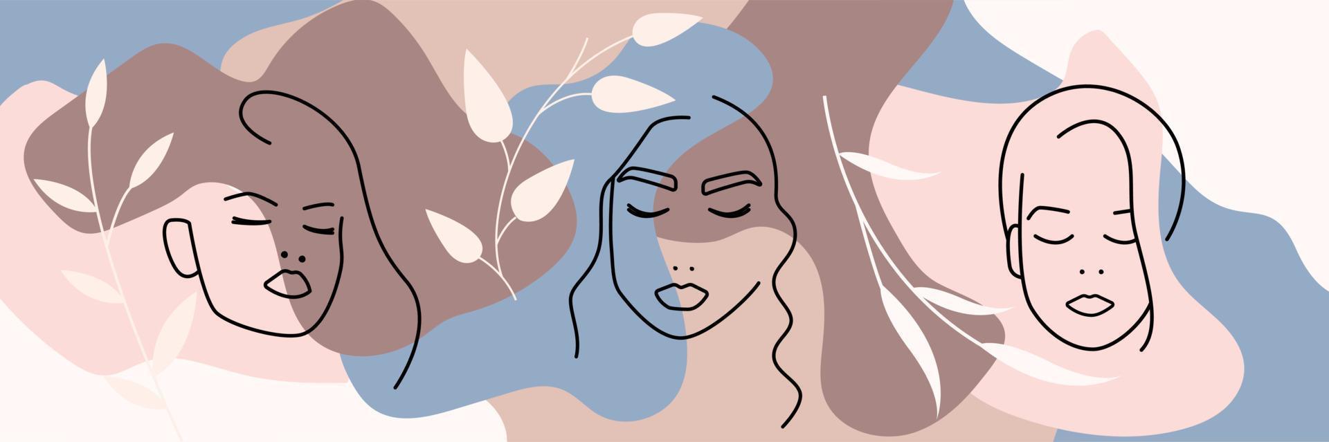 Set of female portraits line art. Spa concept. Tender and relax face. Sleeping lady. Vector illustration on colorful background