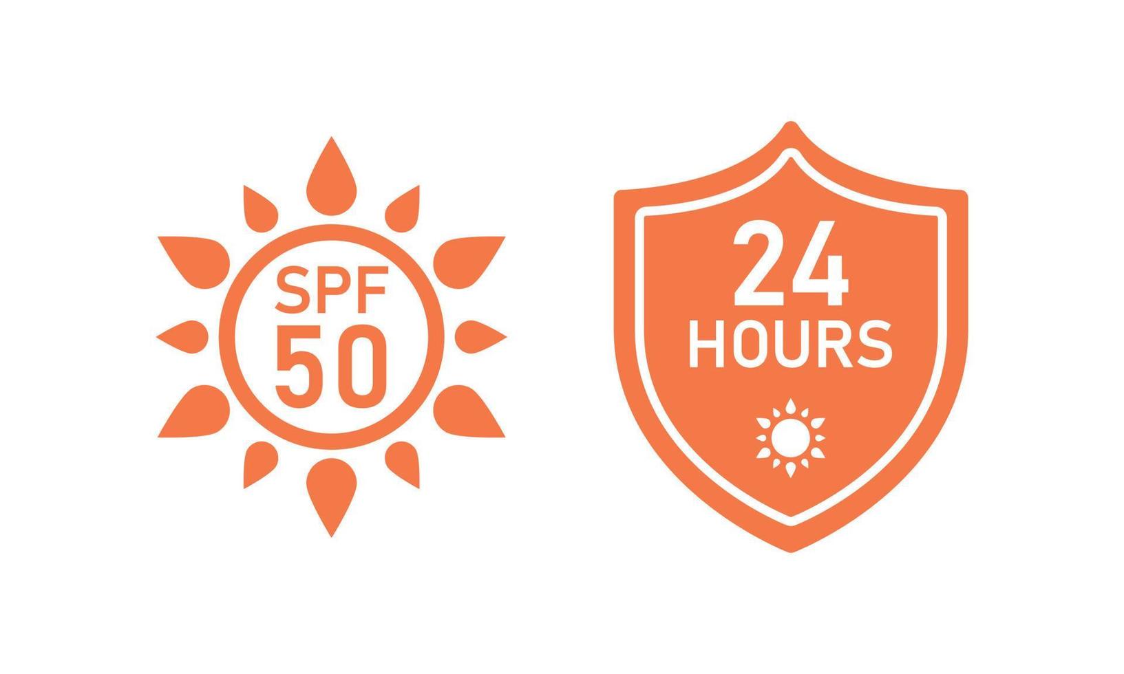 SPF sun protection icons for sunscreen packaging. 24 hours control. Vector