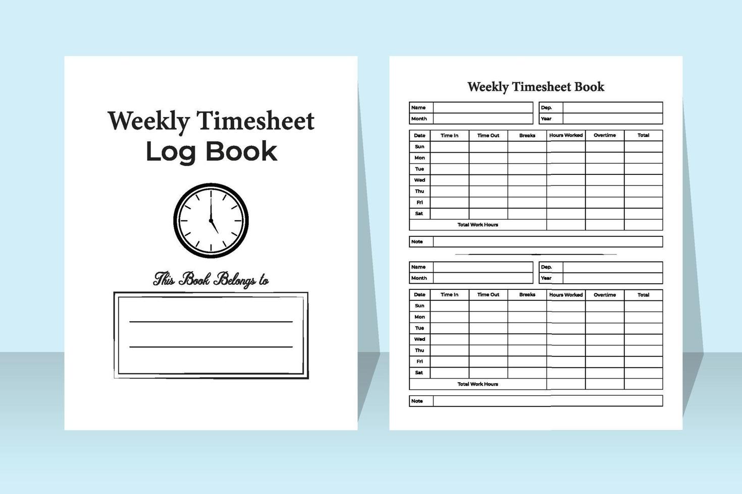 Weekly timesheet log book interior. Business and office employee time management journal template. Interior of a notebook. Worker time management and work hour tracker journal interior. vector