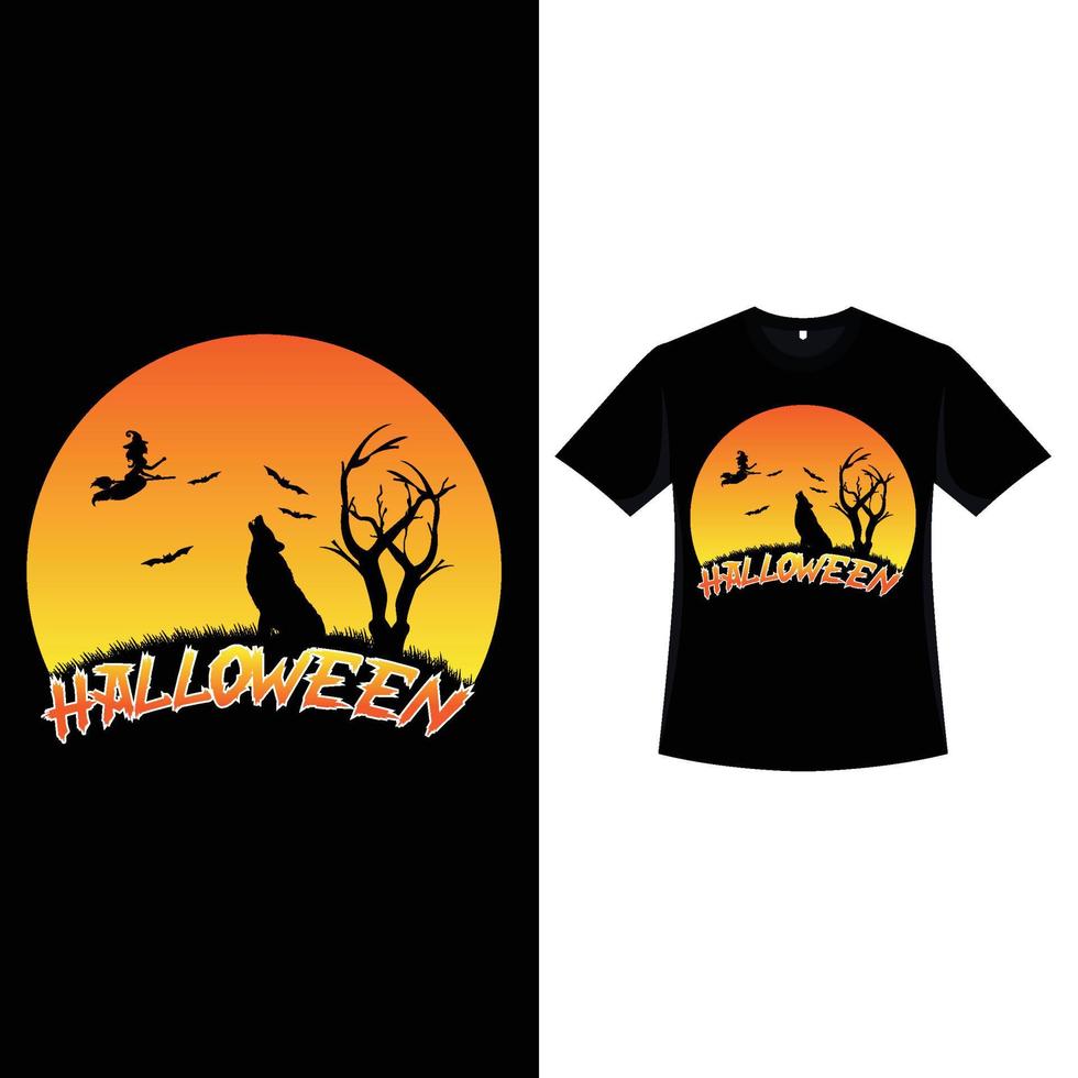 diseño de camiseta de color retro feliz halloween con un lobo aullando. diseño de ropa de moda de halloween con un lobo, una bruja voladora, un árbol muerto y caligrafía. diseño de camiseta de color vintage aterrador para halloween. vector