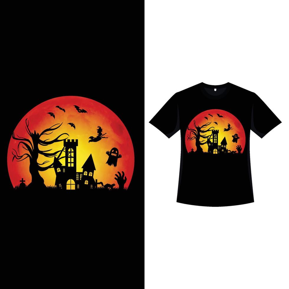 diseño de camiseta de color retro de halloween con una silueta de casa embrujada. diseño de ropa de moda de Halloween con un árbol muerto, un fantasma y una silueta de bruja. diseño de camiseta de color vintage aterrador para halloween. vector