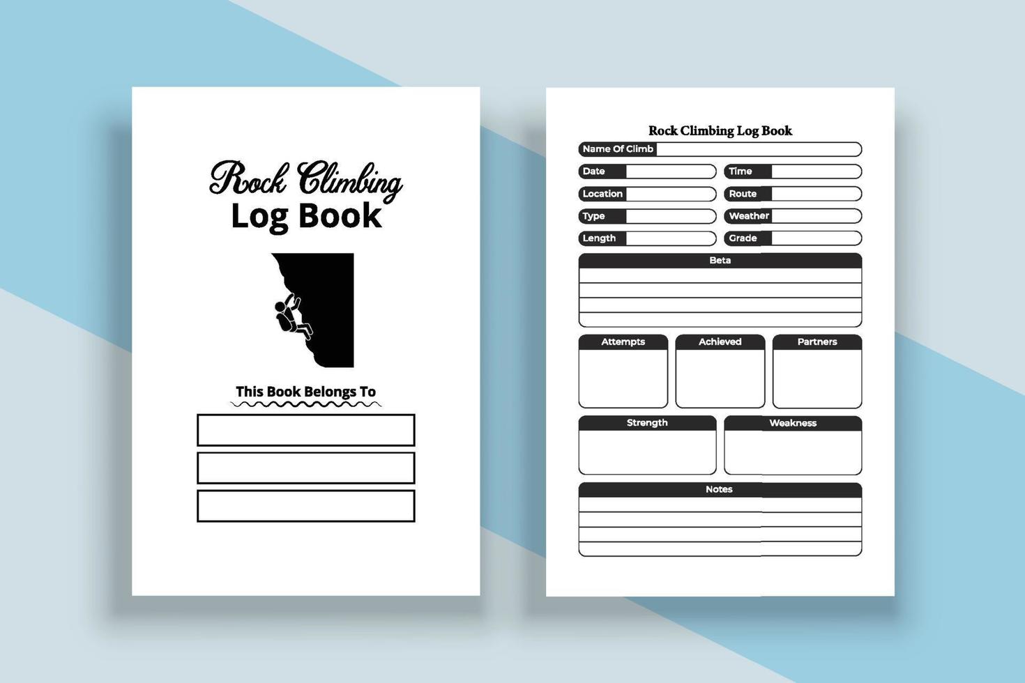 Rock climber notebook interior. Mountain or hill climber strength tracker and location info checker template. Interior of a logbook. Rock climber daily information and hiking weather tracker. vector