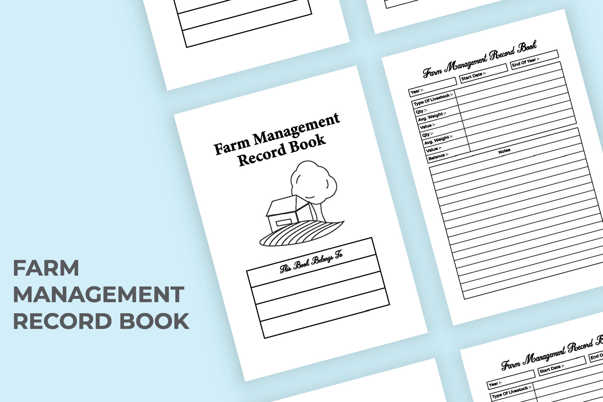 Farm management record book interior. Farming information and