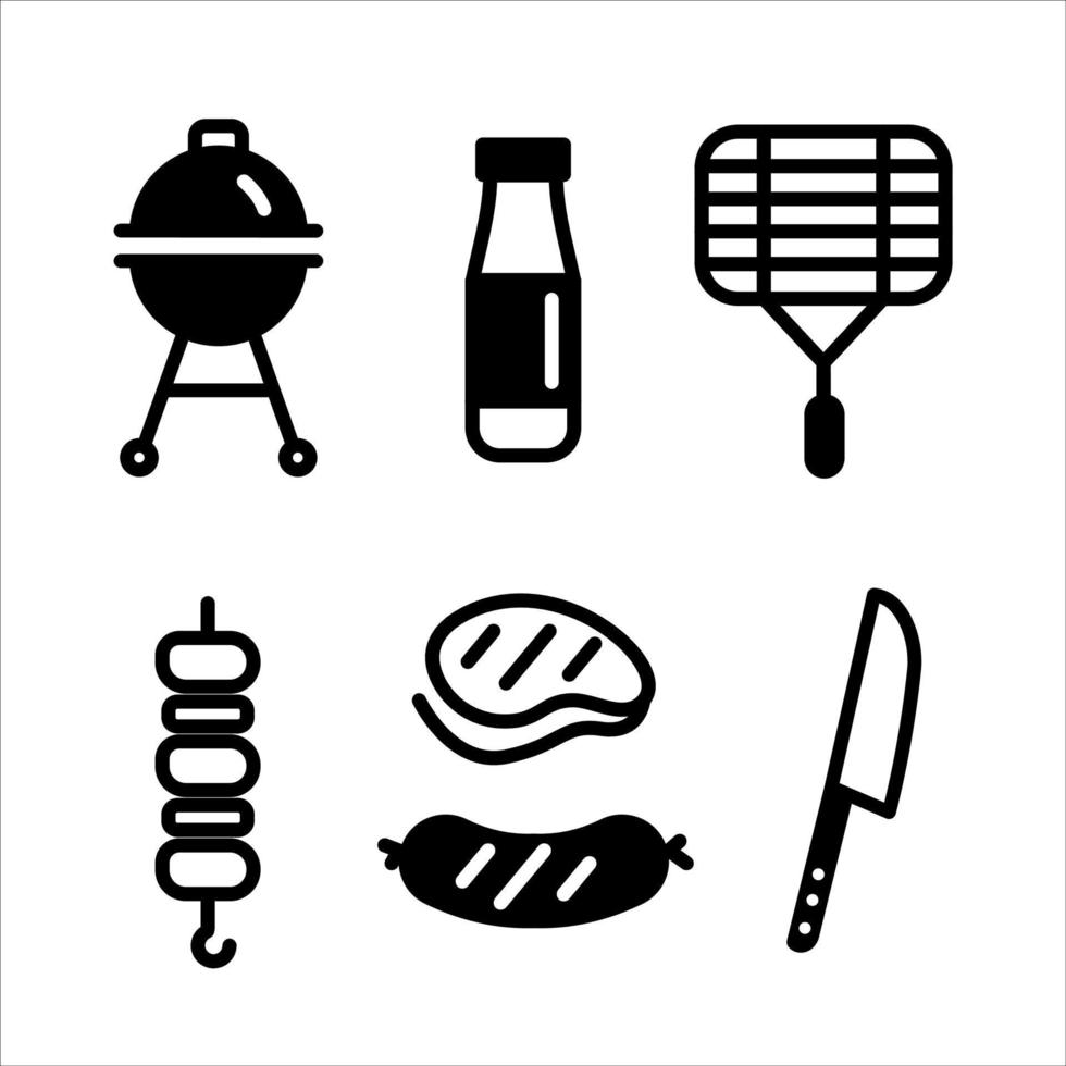 icono de parrilla de barbacoa. barbacoa de carne, kebab y bistec. símbolos de línea vectorial de parrilla de carbón. ilustración plana sobre fondo blanco vector