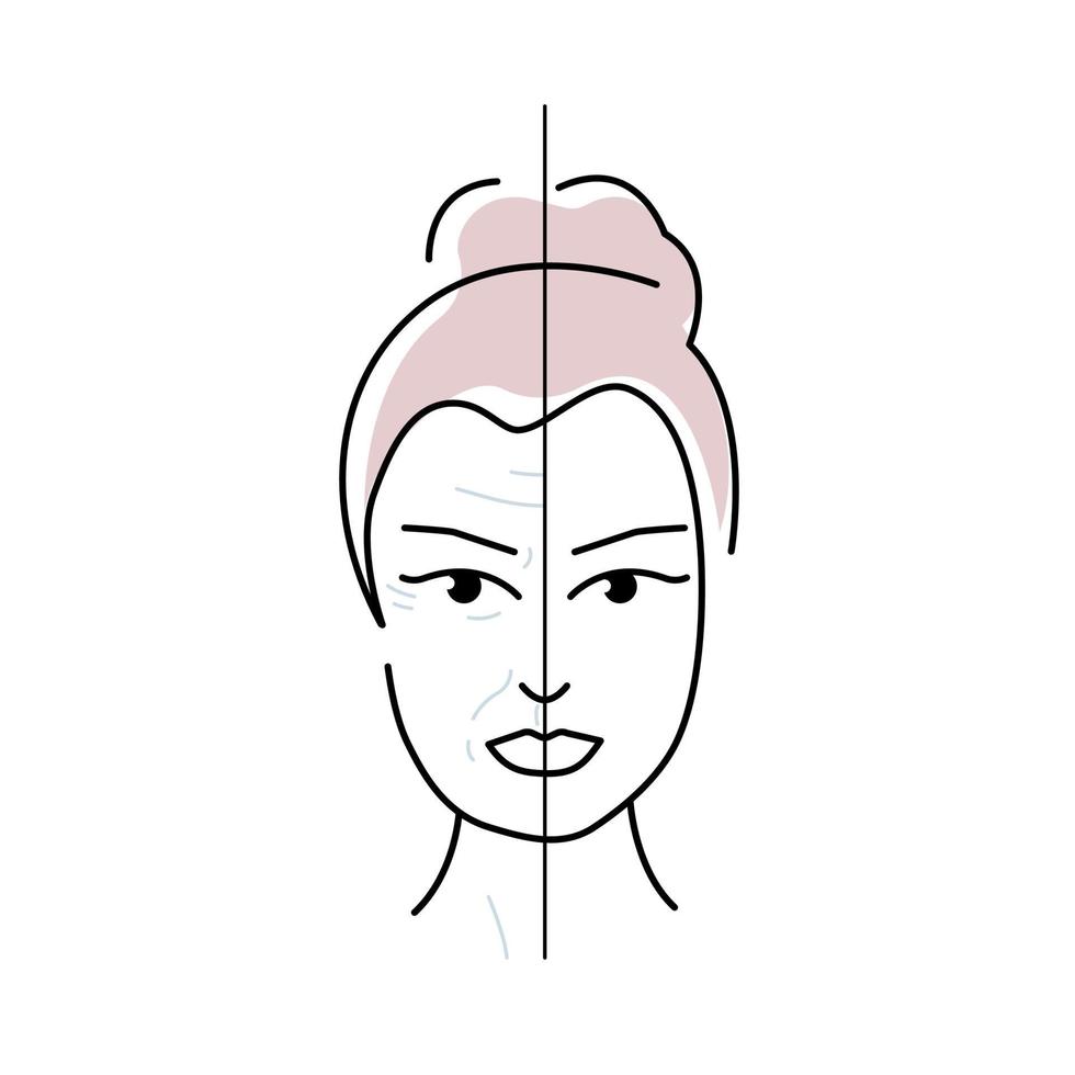 rostro de mujer antes y después del envejecimiento del estiramiento facial. mujer joven y anciana con arrugas. ilustración de vector plano sobre un fondo blanco.