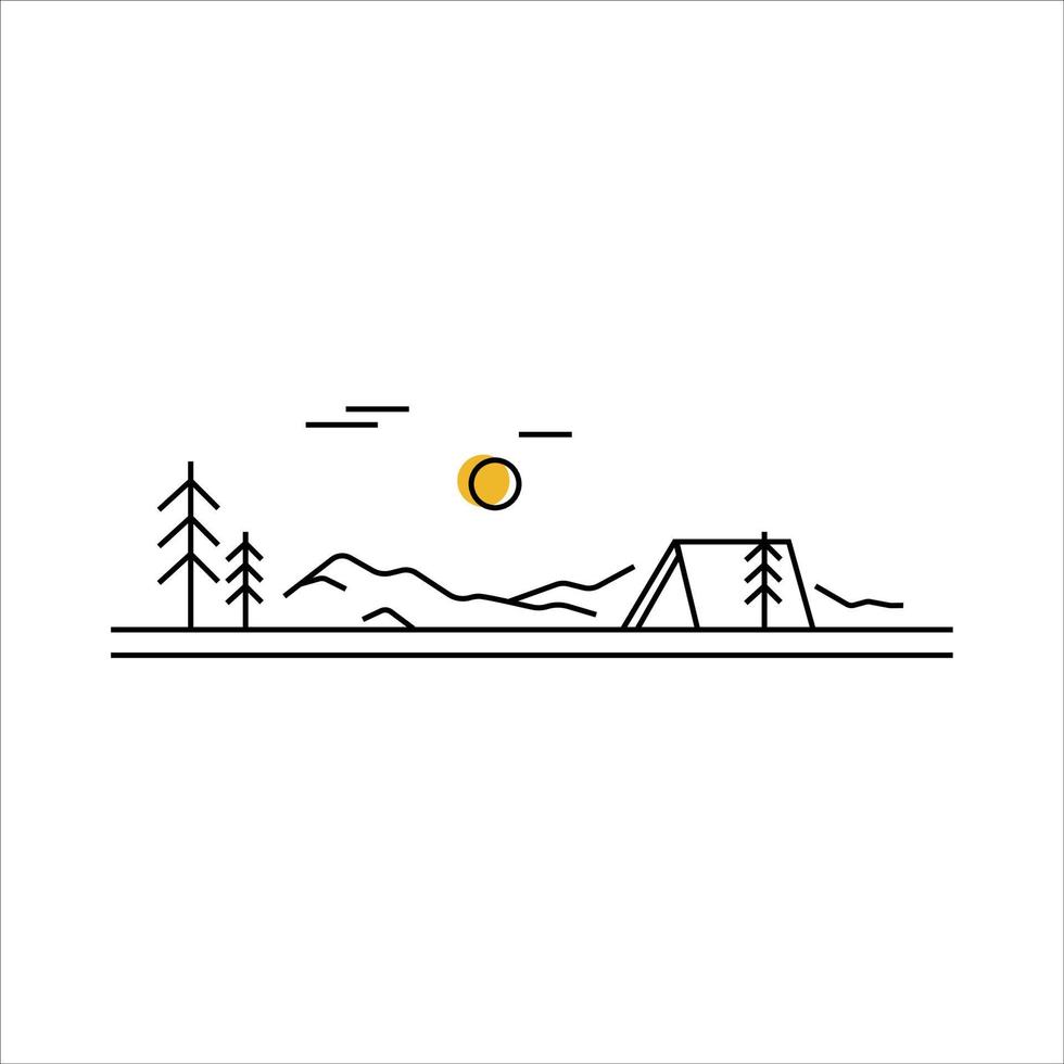 Camping in mounts Line art concept. Mountains tent pine trees landscape. Outdoor rest, trekking, activity sport.  Flat line vector illustration on white background