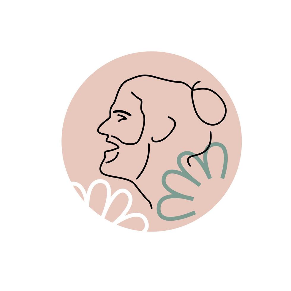 Sticker of male profile face . Smiling man with beard and mustache. Concept for salon of beauty, spa, barbershop. Minimalistic character with floral forms. Vector illustration