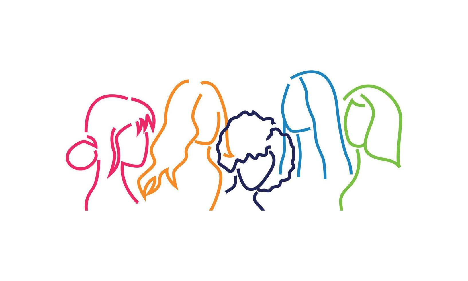 Line Concept of Five Women of different ethnicities side by side together. Feminist movement.  Vector illustration on white background