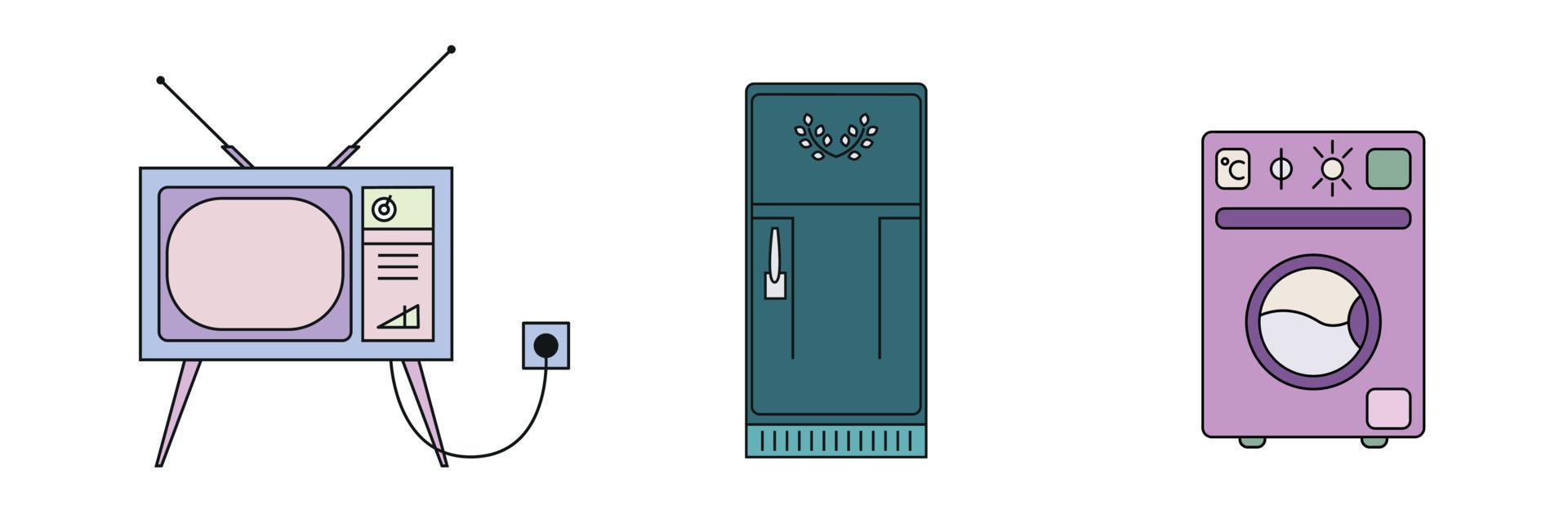 juego de tv frigorifico lavadora. diseño plano de arte lineal. ilustración vectorial sobre fondo blanco, aislado vector