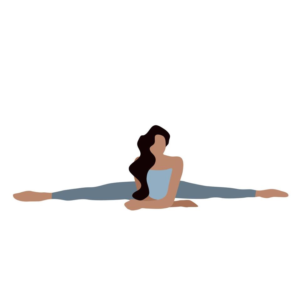 Woman is doing the splits. Fitness Pilates Yoga Ballet Gymnastic Stretches. Wellness Concept. Sport Healthy Lifestyle. Flat style. Vector illustration on white background isolated