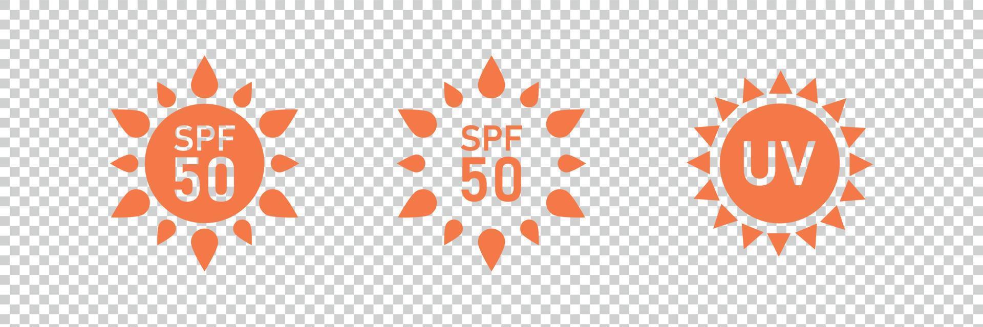 SPF 50 Sunscreen sun protection icon label set. Vector