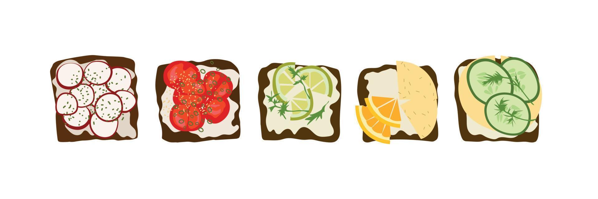 conjunto de sándwiches de estilo plano. estilo de vida alimentario saludable. tostadas con tomate, rábano, pepino, cítricos y queso. Ilustración vectorial sobre fondo blanco vector