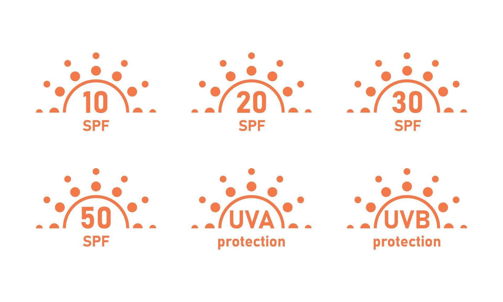 SPF sun protection icons for sunscreen packaging. UVA UVB control for skin. Vector