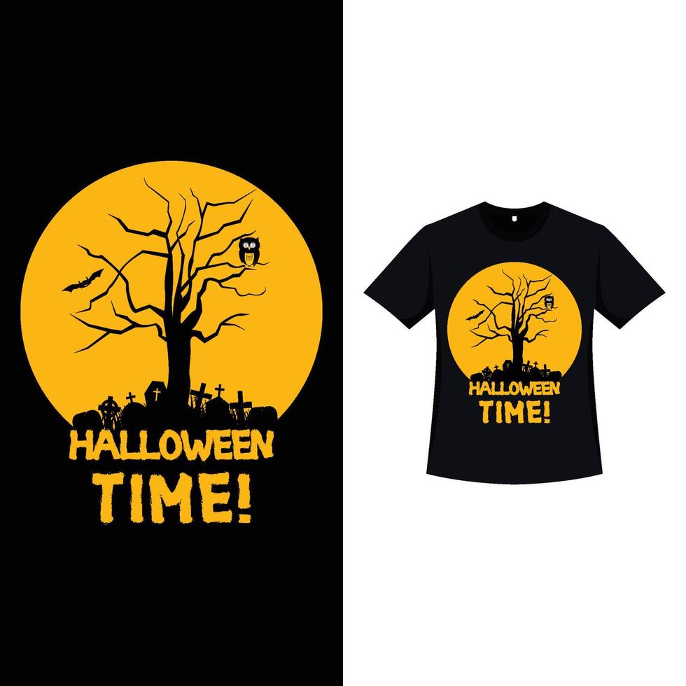 diseño de camiseta de color negro de halloween con un árbol muerto embrujado y color vintage. diseño de silueta de elementos de halloween con un árbol muerto, un murciélago y un búho. diseño de camiseta espeluznante para el evento de halloween. vector