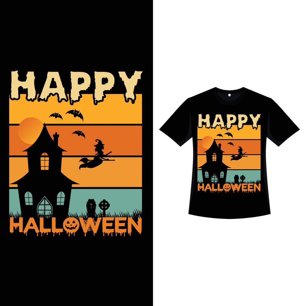 diseño de camiseta de color vintage de halloween con una casa embrujada. diseño de ropa de moda de Halloween con una casa embrujada y una silueta de bruja voladora. diseño de camiseta de color retro aterrador para el evento de halloween. vector