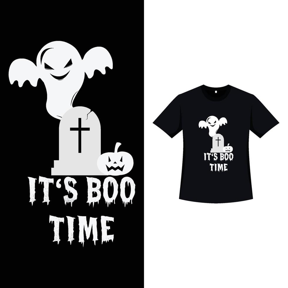 Halloween black color T-shirt design with a scary white ghost. Halloween element silhouette design with a spooky ghost, gravestone, and calligraphy. Spooky T-shirt design for Halloween. vector