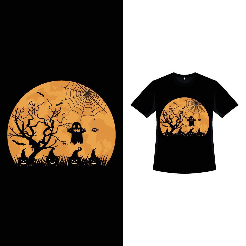 diseño de camisetas de color retro de halloween con forma de luna y calabazas cerca de un árbol muerto con un fantasma. diseño de camiseta de miedo de halloween con color vintage y bruja aterradora. diseño de moda aterrador para halloween vector