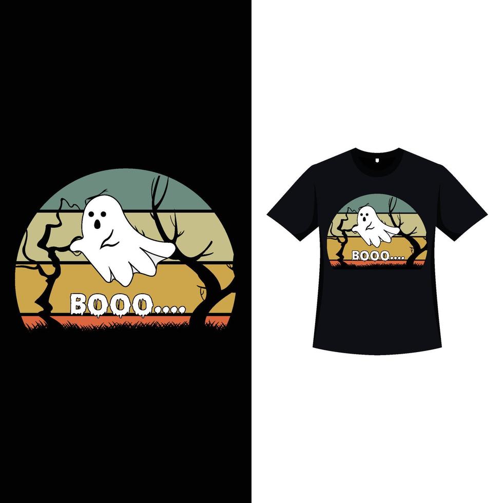 diseño de camiseta de color retro con estilo de Halloween con un fantasma divertido y árboles muertos. diseño de camiseta de miedo de halloween con color vintage y un fantasma divertido. diseño de moda aterrador para halloween. vector
