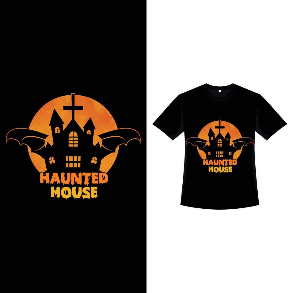 Halloween vintage T-shirt design with moon and haunted house. Halloween fashion wear design with a haunted house spreading wings silhouette. Scary retro color T-shirt design for Halloween event. vector