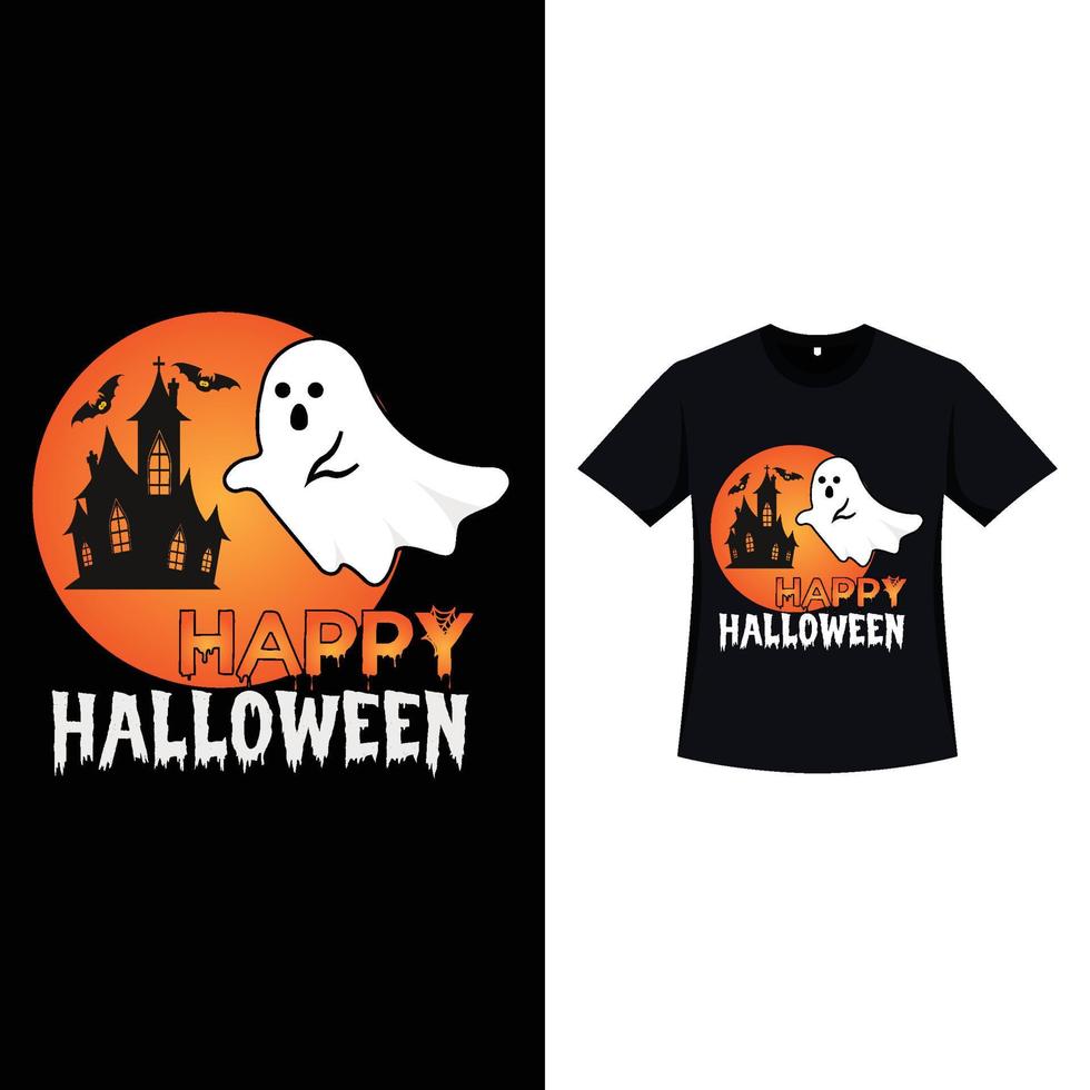 Halloween black color T-shirt design with a haunted house. Halloween element silhouette design with a cute ghost, and scary calligraphy. Spooky T-shirt design for Halloween. vector