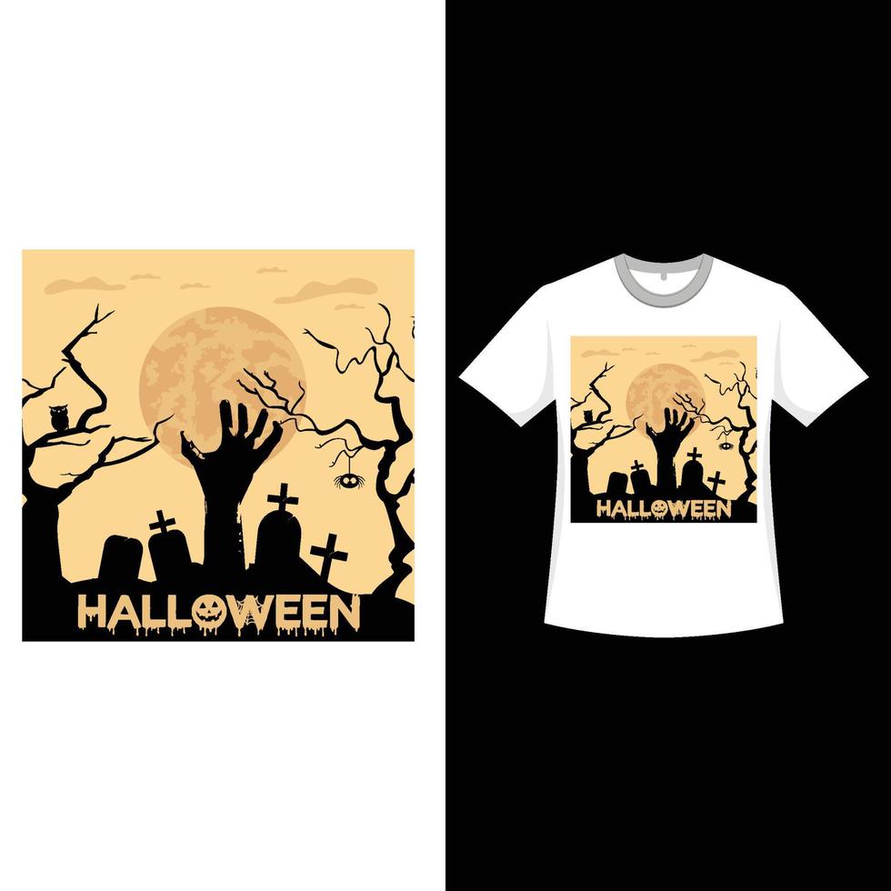 Happy Halloween retro color T-shirt design with a graveyard. Halloween fashion design with a zombie hand, grave, moon, dead tree, and calligraphy. Scary vintage color T-shirt design for Halloween. vector