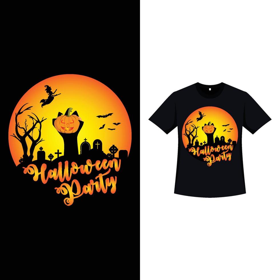 Halloween retro color T-shirt design with scary zombie hand holding a pumpkin and dead tree. Halloween scary T-shirt design with vintage color and calligraphy. Scary fashion design for Halloween. vector