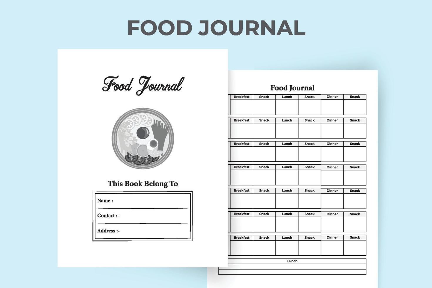 Weekly Food planner interior. Food habit tracker and weekly food routine notebook template. Interior of a journal. Food scheduling and information tracker interior. Diet information checker. vector