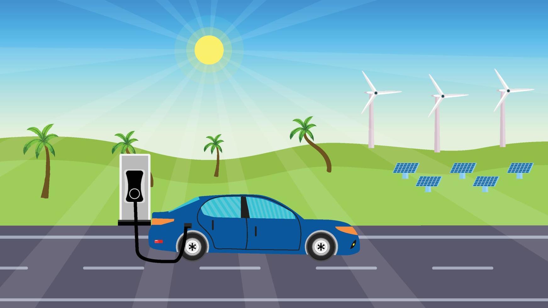 An electric car gets power from a power booth concept. Natural power supply idea with a blue car. Windmills and solar panels create natural power, and cars charge with electricity. vector