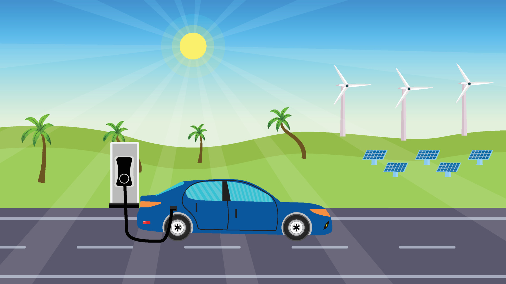An electric car gets power from a power booth concept. Natural power supply  idea with a blue car. Windmills and solar panels create natural power, and  cars charge with electricity. 7342558 Vector