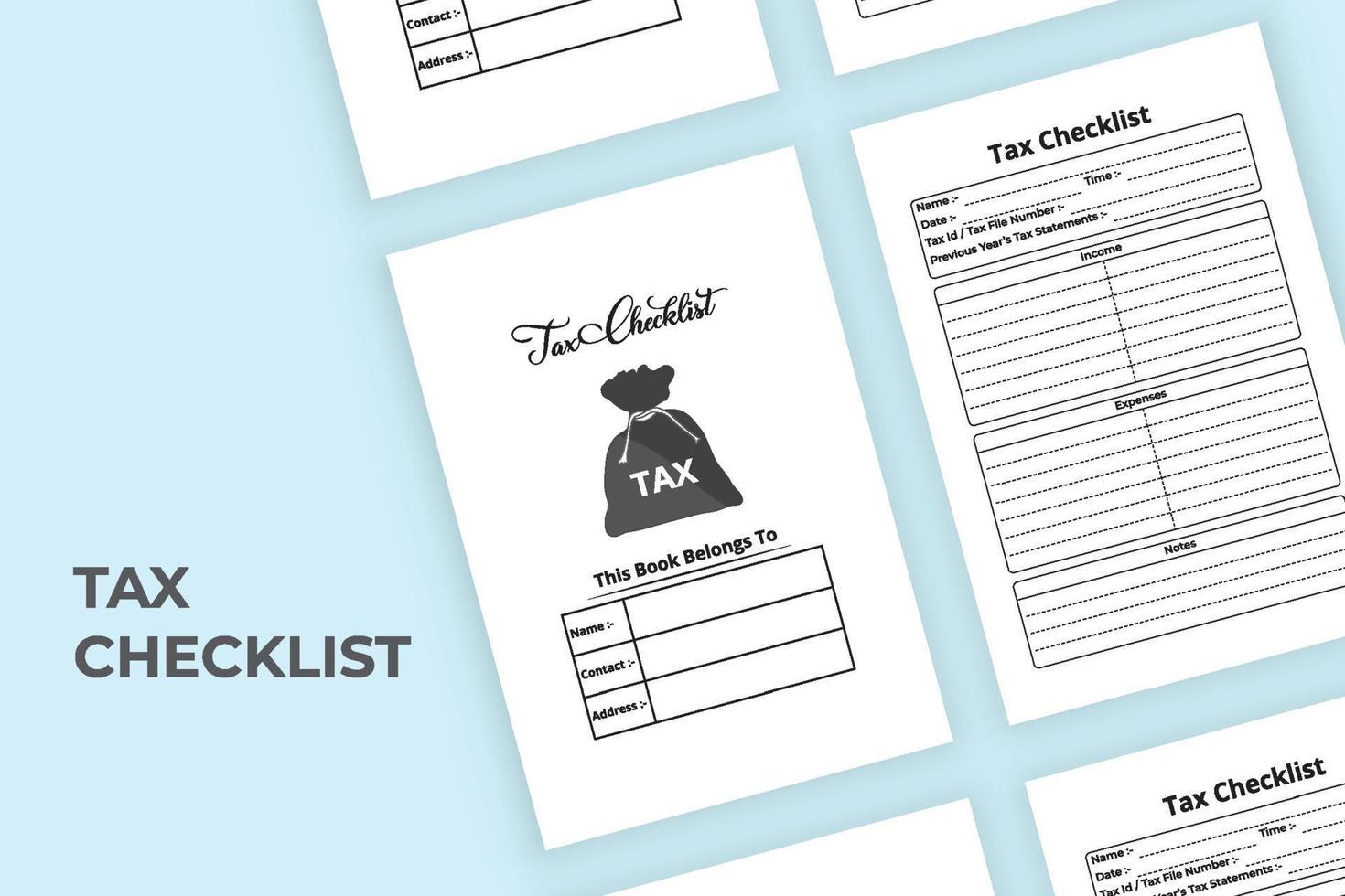 Income tax info recorder interior. Government tax record checklist and employee information journal template. Interior of a notebook. Tax information log book with income and expense statement. vector