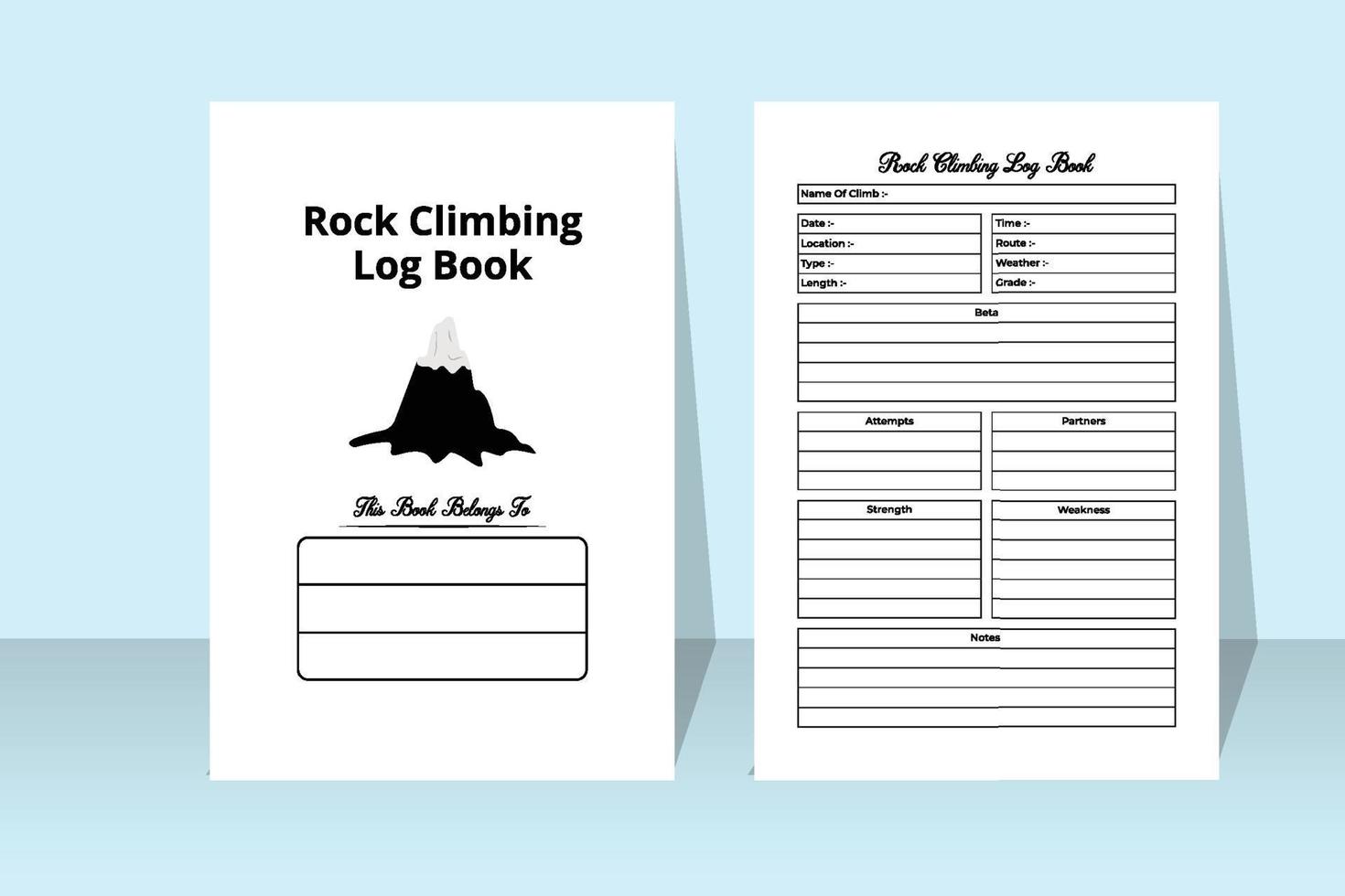 Rock climbing logbook interior. Rock climber information tracker and hiking tracker template. Interior of a journal. Rock climber and location information tracker interior. vector