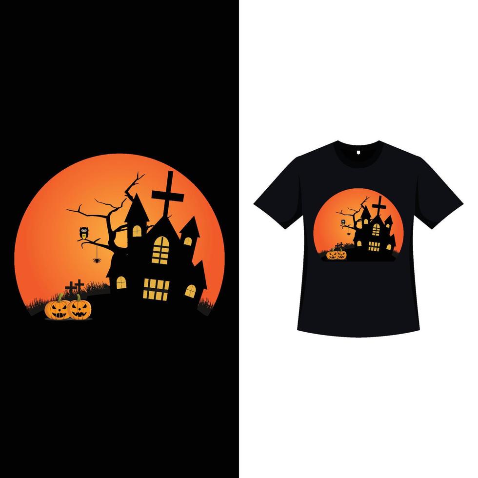 Halloween T-shirt design with vintage color and haunted house. Haunted house silhouette design with pumpkin lantern. Scary T-shirt design for Halloween event. vector