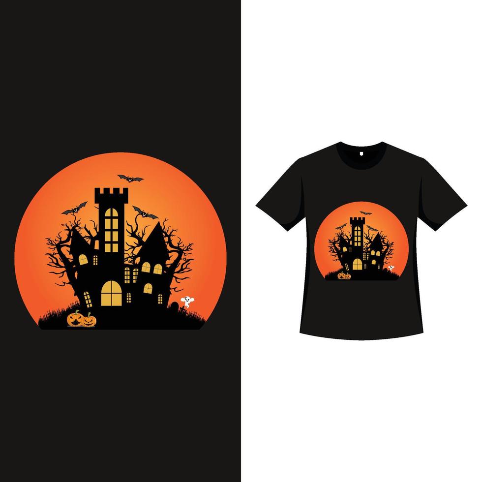 diseño de camisetas de halloween con color vintage y casa embrujada. diseño de silueta de elemento embrujado con linterna de calabaza, casa y árbol muerto. diseño de camiseta de miedo para evento de halloween vector