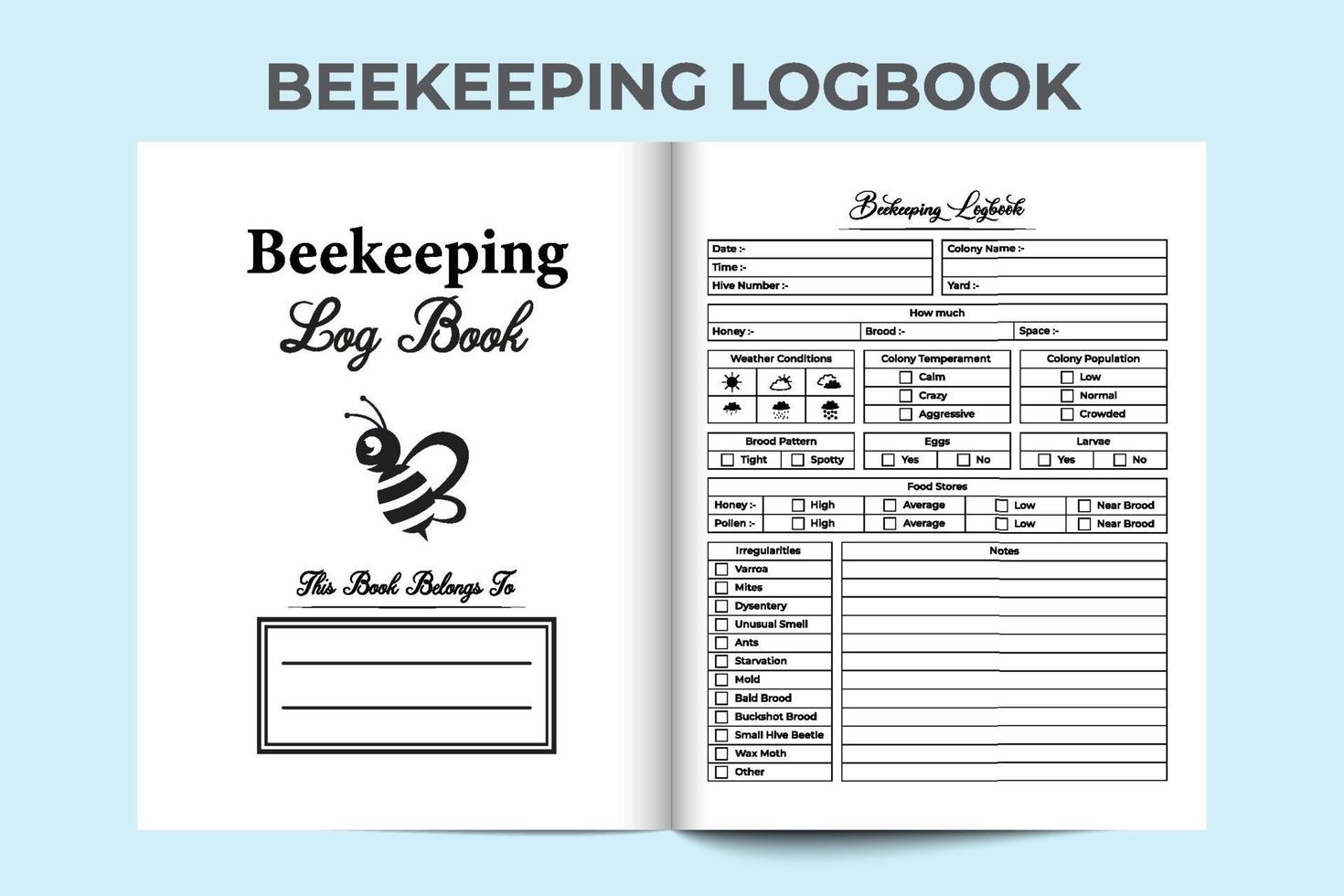 interior del libro de registro de apicultura. plantilla de seguimiento de apicultura y recolección de miel. Interior de un diario. diario de prueba de miel e interior del libro de registro de cuidado de colmenas. rastreador de polinización de abejas. vector
