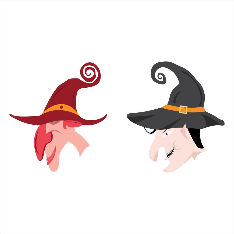 diseño de cara de bruja fea y aterradora de halloween sobre un fondo blanco. elemento de halloween y diseño de vestuario con dos caras de brujas feas y sombreros de brujas. diseño de vector de cara de asistente.