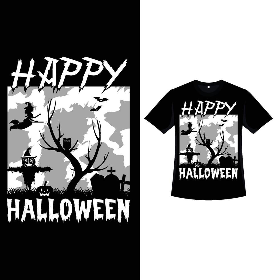 Happy Halloween retro color T-shirt design with a scarecrow. Halloween fashion wear design with a moon shade, tombstone, dead tree, and calligraphy. Scary vintage color T-shirt design for Halloween. vector